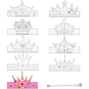 Teling 36 Pcs DIY Paper Crowns to Color Your Own Crowns Kit Coloring Birthday Craft with Elastic Cord for Kids Adults, 9 Designs