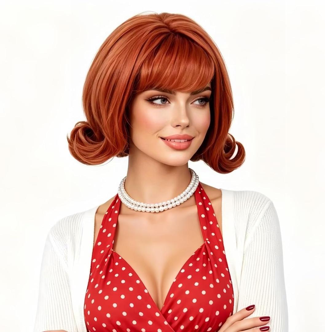 Copper Wig for Women Aubrn Short Curly Retro Beehive Wig with Bangs Ginger 70's 80's Synthetic Costume Wig for Halloween,Cosplay,Daily Use