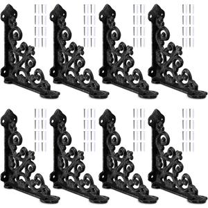 Blulu 8 Pack Cast Iron Brackets Antique Style Shelf Brackets with Screws 3 7/8" x 3 7/8" Decorative Wall Mount Mental Shelving Heavy Duty Victorian Style Shelf (Black)