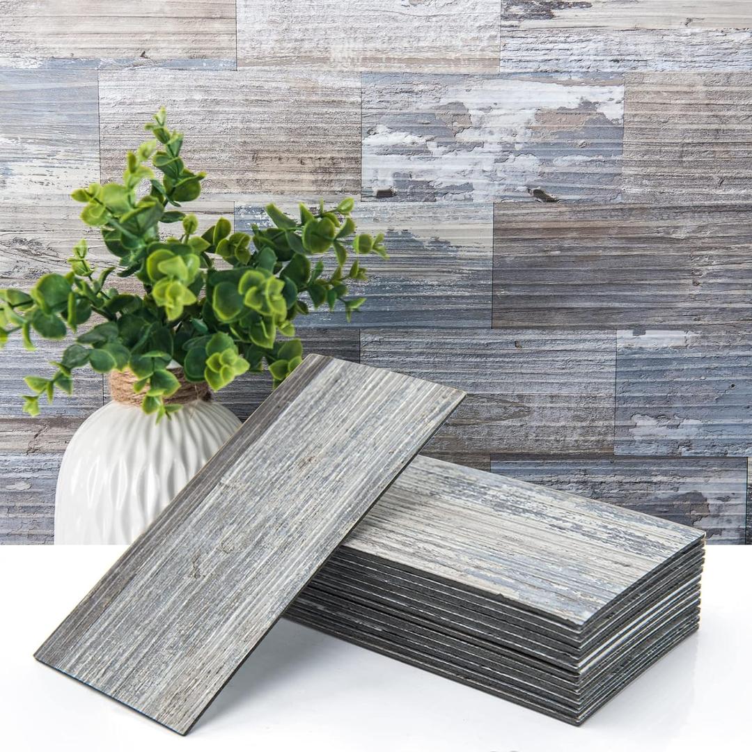 Art3d 102-Piece Peel and Stick Tile Backsplash for Kitchen Bathroom, 3in. x 6in. Stick on Subway Tile Distressed Wood Plank (3" X 6, Distressed Silvery Moon)