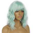 Short Bob Wigs with Bangs for Women Loose Wavy Wig Curly Wavy Shoulder Length Bob Synthetic Cosplay Wig for Girl Colorful Costume Wigs (Mint Green)