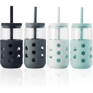 Mrsdry Glass Cups with Lids and Straws 4 Pcs, 16oz Glass Tumbler with Silicone Straw and Sleeve for Coffee Bar Accessory, Drinking Glasses Set Reusable Iced Coffee Cup - Smoothie Cup for Gifts (Gray)