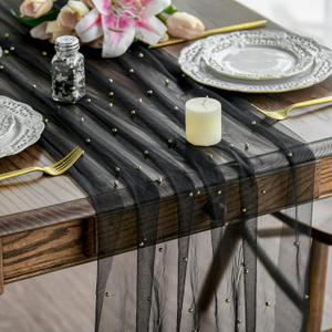 Artoid Mode 6PCS Pearl Black Gauze Table Runner 120 Inch 10FT, Seasonal Sheer Dining Holiday Wedding Birthday Baby Shower Table Decor for Home Party, 28" x 120", 6pc