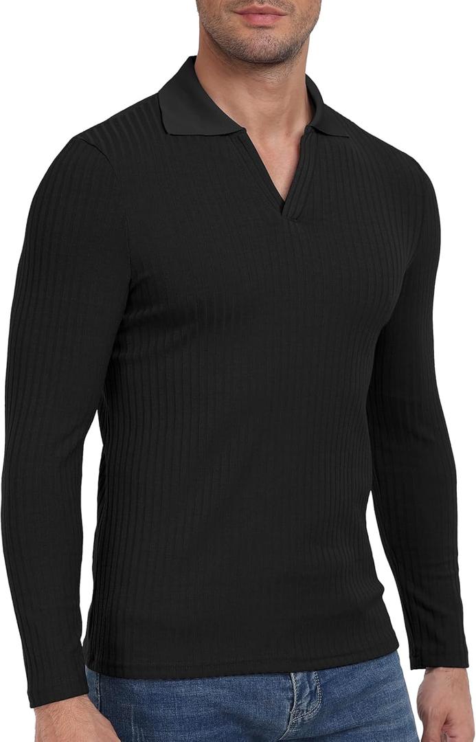 YTD Men's Muscle V Neck Polo Shirts Slim Fit Long Sleeve Golf T-Shirts Ribbed Knit Soft Casual Tees (Large, Black)