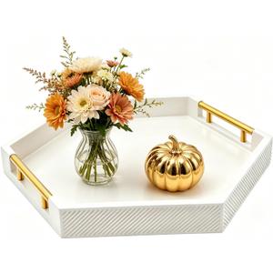 Hexagon Decorative Serving Tray with Polished Gold-Tone Metal Handles, Black Glossy Finish, Large Ottoman and Coffee Table Tray, 17.7x15.4x2 Inch (White)