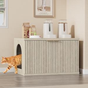 Homhedy Cat Litter Box Enclosure, Modern Fluted Accent Cat Washroom Furniture, Pet House, Fit Most of Litter Box,Cream Gray