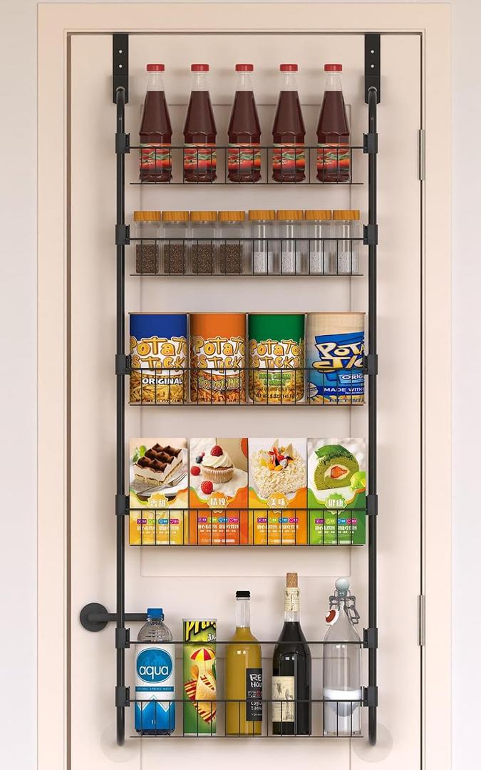 Black Over the Door Pantry Organizer 5 Tier, Adjustable Basket Pantry Door Organizer and Storage, Heavy Duty Metal Kitchen Hanging Spice Rack (D5xW19xH50 Inches)