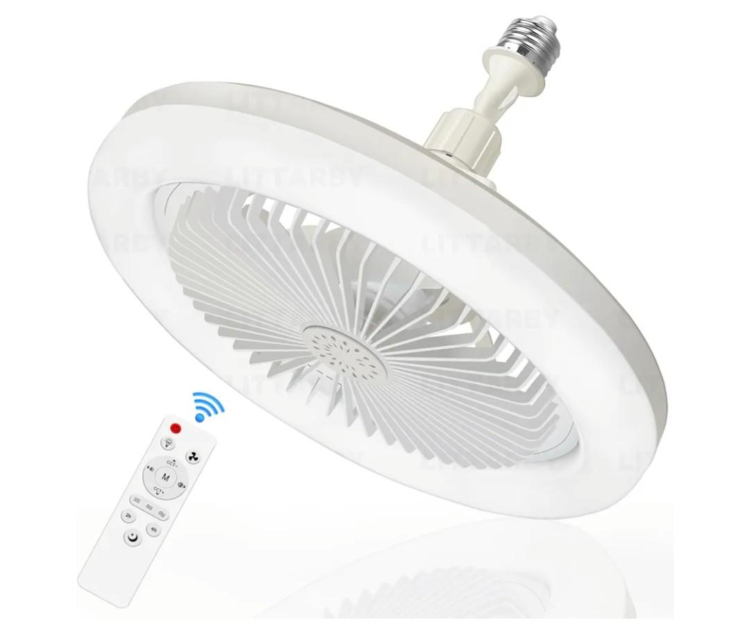 Socket Fan Light with Remote Control, 3 Colors 3000K-6500K Dimmable LED Light Bulb Fan Screw in Ceiling Fan for Bedroom, Kitchen, Storage Room, Closet, Wireless Small Ceiling Fans with Lights - White