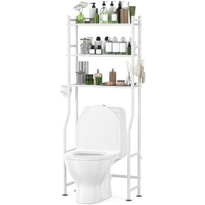 AriseWork 3-Tier Over The Toilet Storage with Paper Holder, Metal Bathroom Organizers and Storage for Small Space, Freestanding Bathroom Shelves with 4 Hooks, Above The Toilet Storage Shelf, White