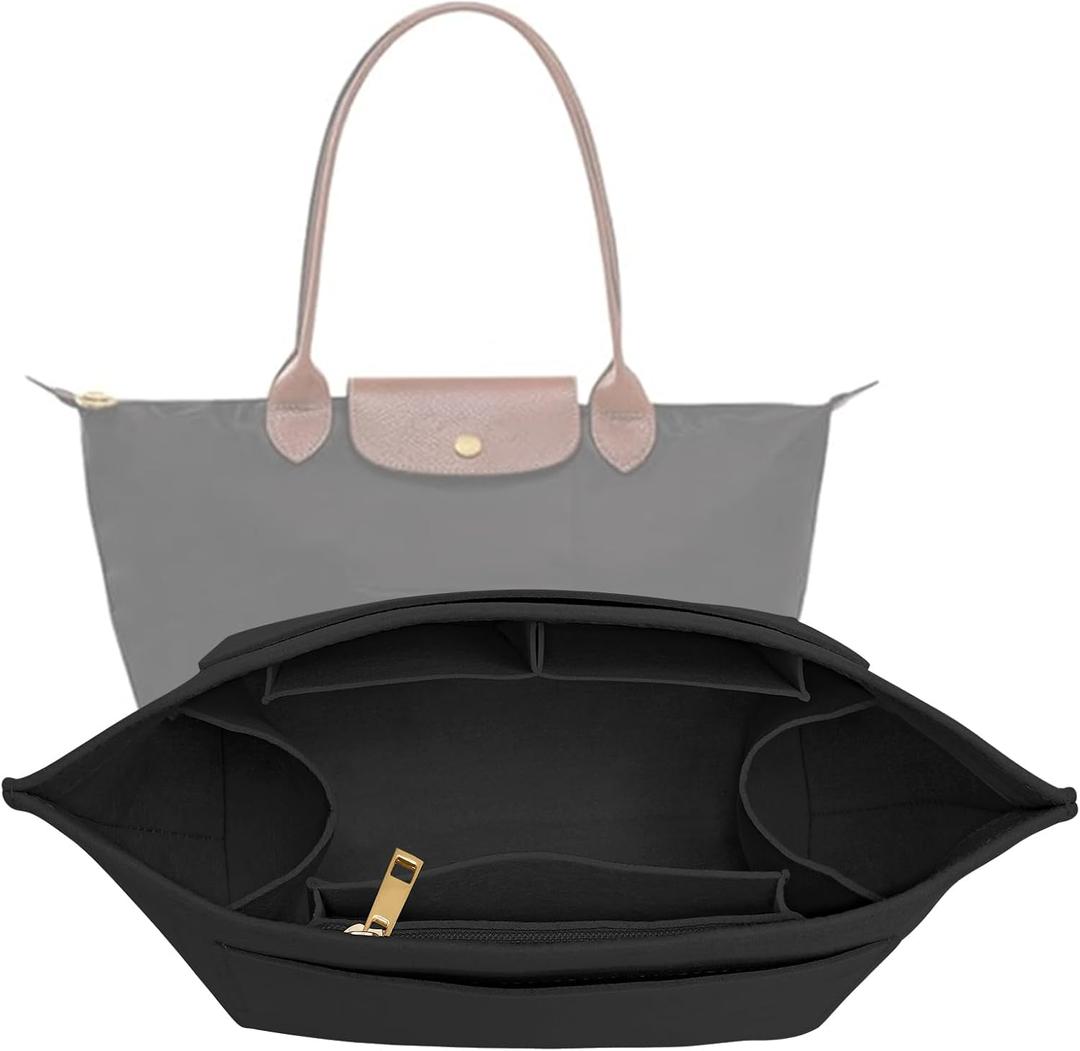 Purse Organizer Insert for Longchamp Le Pliage L Handbag Insert Felt Long Champ Tote Bag Organizer Insert with Cup (Black, Large)