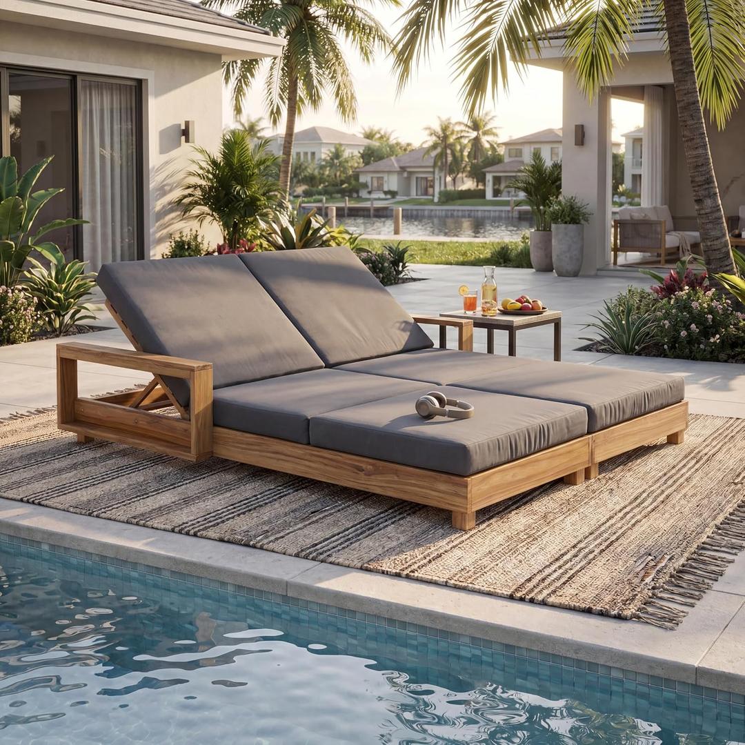 Christopher Knight Home Mari Acacia Wood Chaise Lounge Chair Outdoor, Spacious Double Outdoor Chaise Lounge With 3-Fold Cushions, 4 Position Adjustable Backrest Pool Lounger, Light Natural + Dark Grey, 76.77 x 60.63 x 34.9 inches