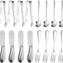 Cheese Butter Spreader Knives Set 16 Pieces Stainless Steel Multipurpose Butter Knives Cheese Slicer Mini Serving Tongs Forks and Spoons for Butter Spreader (Silver01)