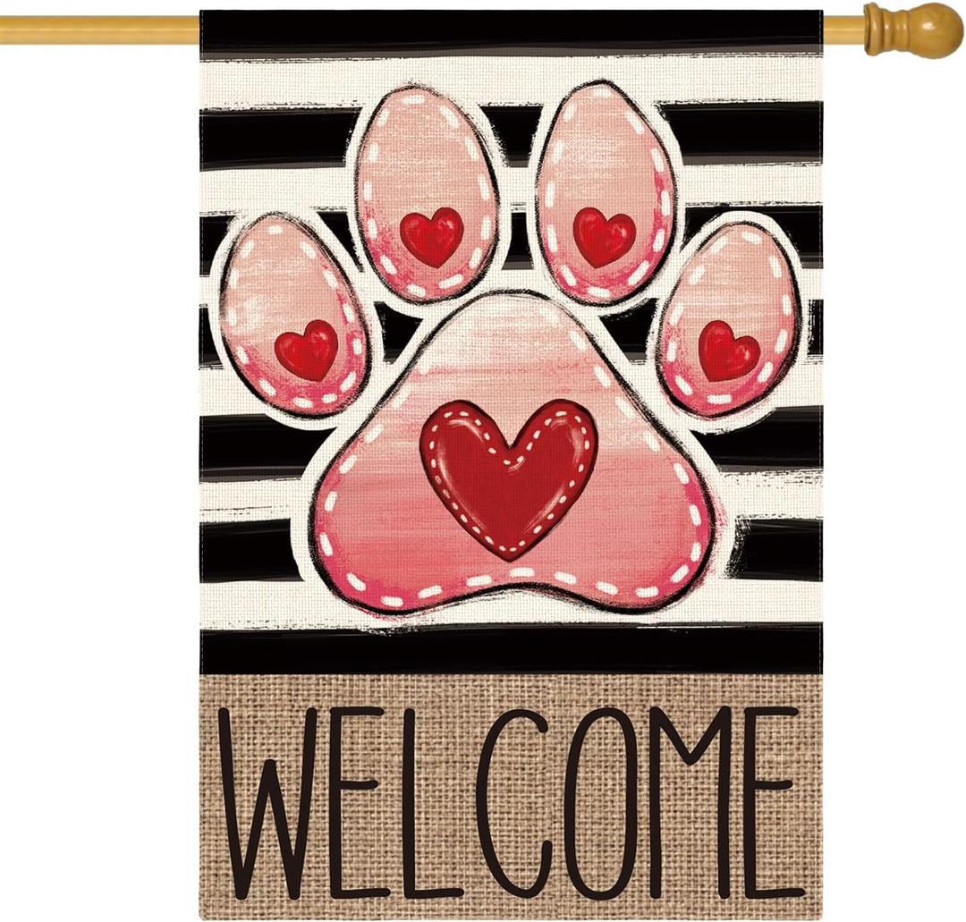 AVOIN colorlife Paw Print Love Hearts Valentines Day House Flag 28x40 Inch Double Sided, Welcome Stripes Rustic Yard Outdoor Decoration