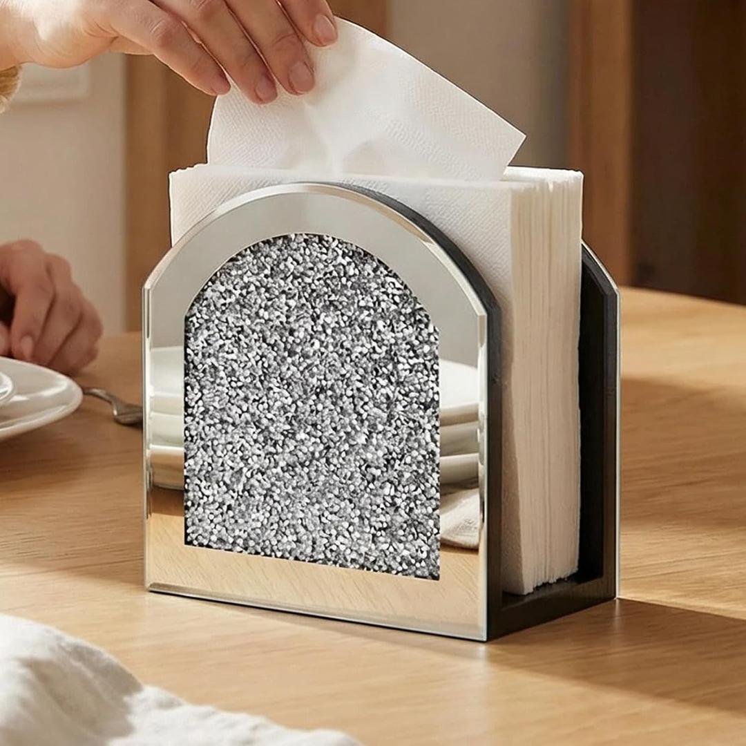 Mirror Napkin Holder with Crushed Diamond, Bling Glass Silver Napkin Holder for Dining Table Kitchen Countertop and Home Decor