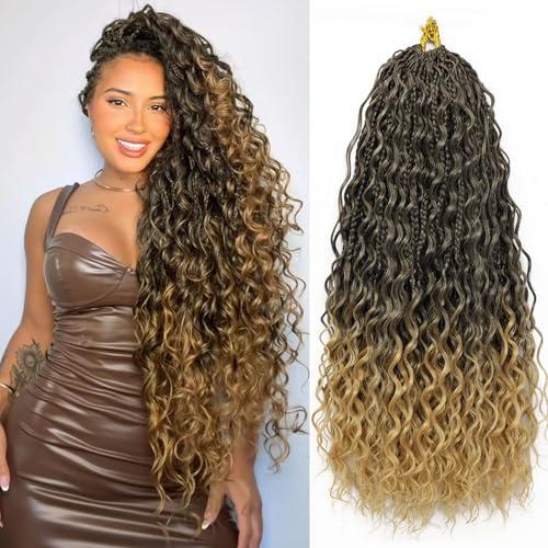 LIYATE 7 Packs Crochet Box Braids 24 Inch Boho Crochet Hair for Black Women Bohomian Braids Synthetic Pre Looped Goddess Box Braid Braiding Hair with Curly Ends, 1B/27