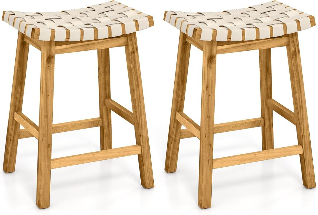 Woven Saddle Stools Set of 2, 25.5-inch Vintage Counter Height Chairs with PU Leather Woven Seat & Solid Wood Legs, Modern Backless Bar Stools for Dining Room, Kitchen, Pub, Bistro, Beige