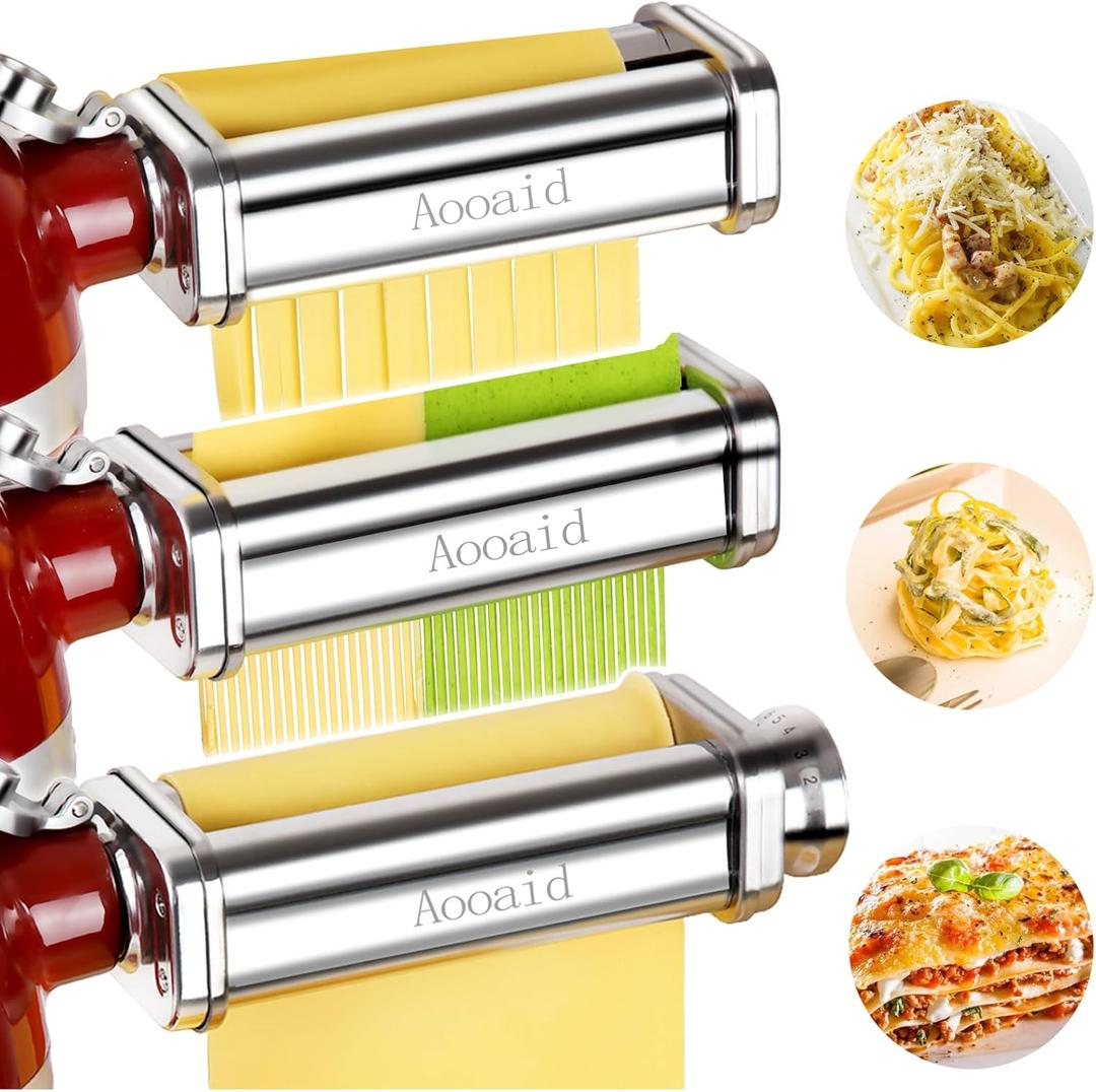 Pasta Roller & Spaghetti Cutter, Fettuccine Cutter Attachment for Kitchenaid Stand Mixer3 Pcs Stainless Steel Pasta Maker Accessories By Aooaid