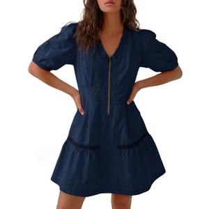 Fisoew Women's Short Sleeve Mini Dress Casual Half Zip V Neck Loose Mesh Back Utility Summer Dresses with Pockets L