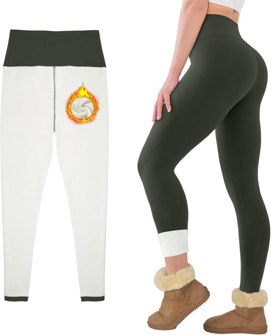Fleece Lined Leggings for Women Buttery Soft High Waisted Tummy Control Winter Warm Legging Pants (Green, S)