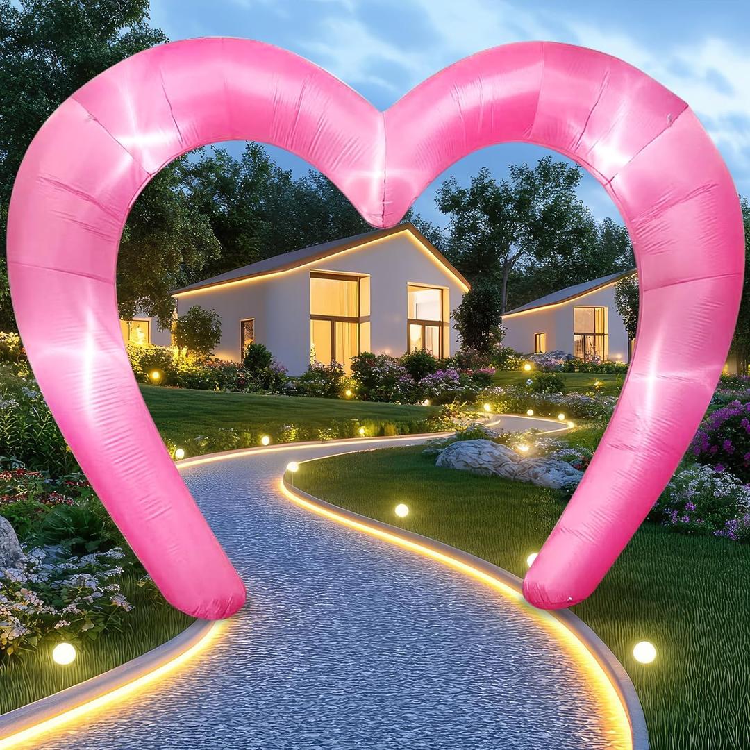 9 * 4.5FT Pink Valentine Inflatables Outdoor Decorations Heart Shaped Blow up Inflatable Archway with Build in LED for Indoor Outdoor Party Lawn Yard Garden Anniversary Wedding Decor