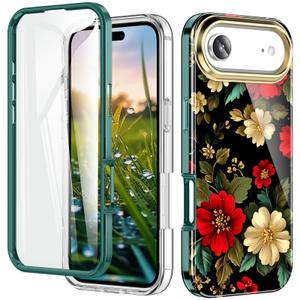 Turquiase Cute Flower Case for iPhone Air 6.5 inch Built with Screen Protector, Lightweight and Stylish Full Body Shockproof Protective Rugged TPU Case for Women/Girls-Black Peonies