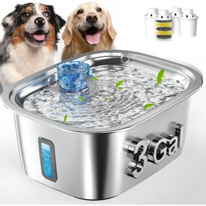 PETNF 3-Gallon Stainless Steel Dog Water Fountain for Large Dogs, Dog Water Bowl Dispenser with 4 Filters, Visible Water Window, Quiet Pump & LED Low-Water Indicator (Gray)