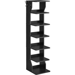 VASAGLE 7-Tier Vertical Shoe Rack, Narrow Shoe Storage Organizer with Hooks, Slim Corner Tower Shelf, Space-Saving for Entryway and Bedroom, Black ULBS200T16