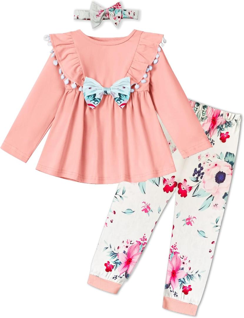 mksodopy Toddler Girl Clothes Girl Fall Winter outfits Cotton Long Sleeves Ruffle Top Pants Little Girl Clothing Set (Pink)