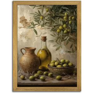 Wood Framed Olive Kitchen Wall Art, Vintage Rustic Still Life Canvas Print, Green Olives Poster Print Picture, Fruit Wall Decor Painting for Dining Room Cafe Restaurant Farmhouse Home Decor 8x10 inch