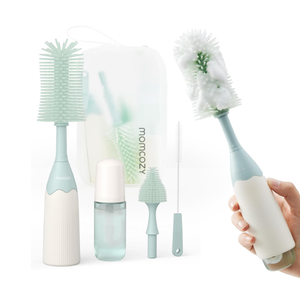 Momcozy Bottle Brush Kit with Push-Press Foam Design - Newborn Essentials Gift, Portable Cleaning Tool for Home & Travel, Baby Bottle Cleaner Brush for Breast Pumps & Nipples, Green
