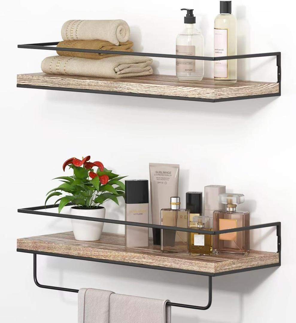Shario Rustic Wood Floating Shelves - Set of 2, Wall Mounted Hanging Shelves with Black Towel Rack, Decorative Storage Shelves for Bathroom, Kitchen, Living Room & Bedroom (Light Wood, 15.7 Inches)