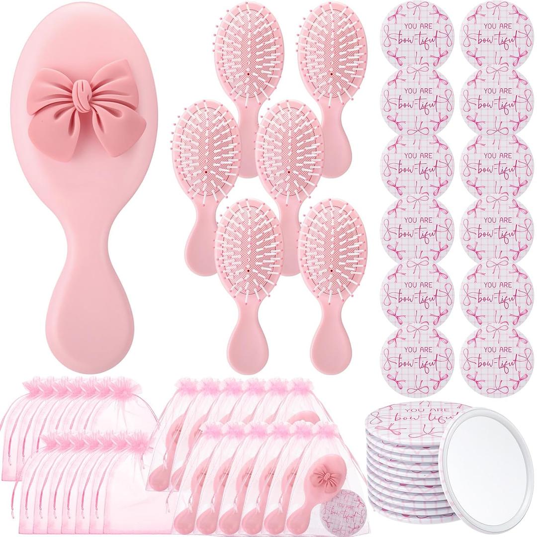 Wonderjune 24 Set Coquette Bow Party Favor Compact Mirror Pink Mini Hair Brush Organza Bag Inspirational Aesthetic Preppy Gift for Women Birthday Bridal Shower Bachelorette Wedding Party Gift