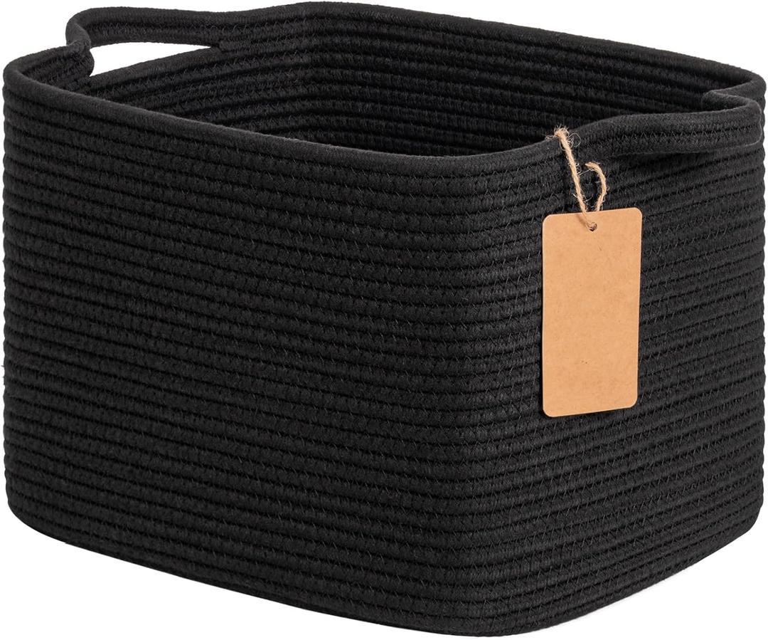 Goodpick Black Storage Basket for Shelves, Woven Baskets for Storage, Toy Baskets Storage Kids, Towel Basket with Handles for Living Room, Bathroom, 13 x 10 x 9 Inches
