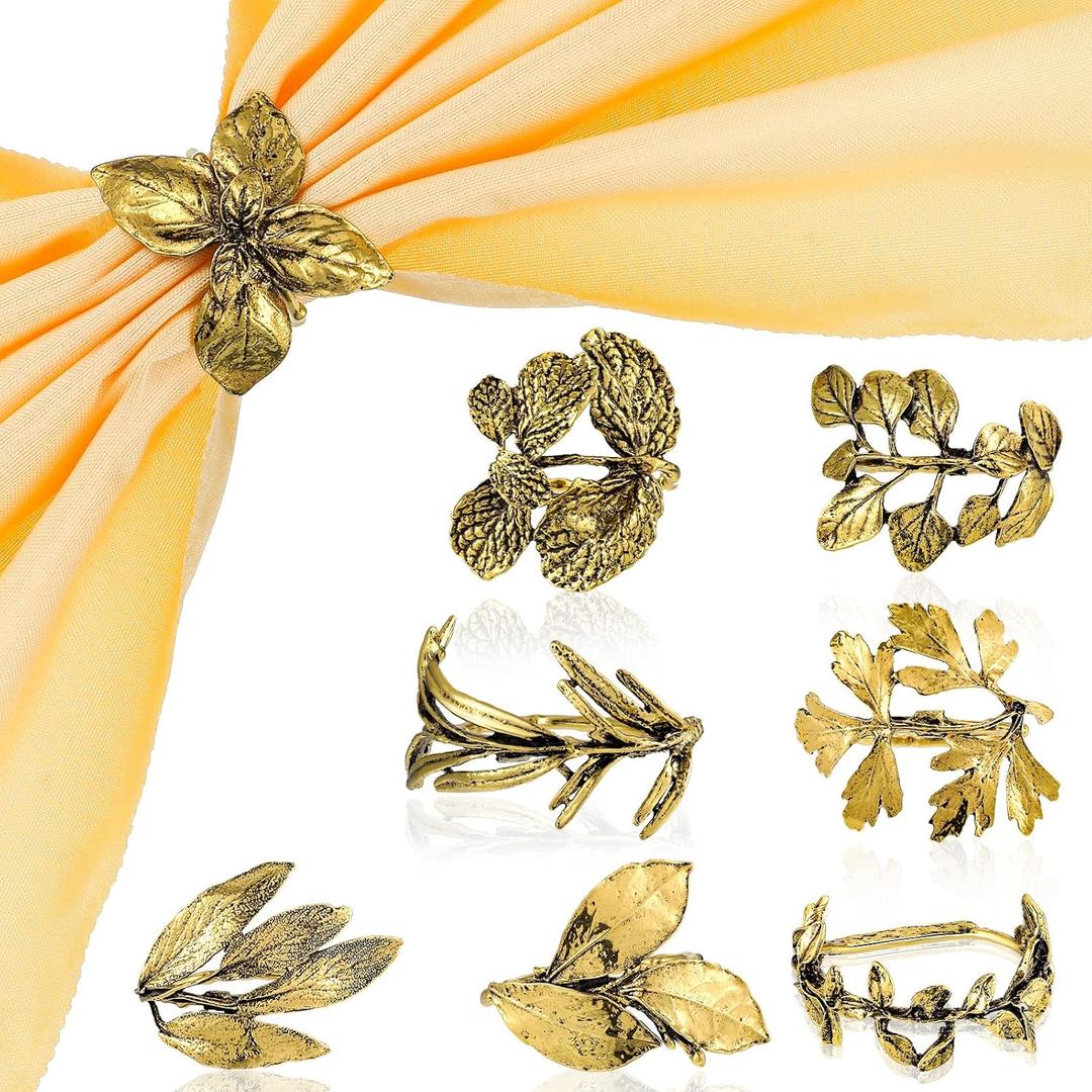 Cunhill 8 Pieces Herb Napkin Rings Set Vintage Leaf Napkin Holders Rings Glossy Holder Adornment Metal Table for Graduation Holidays Wedding Graduation Party Decor Everyday Use(Gold)