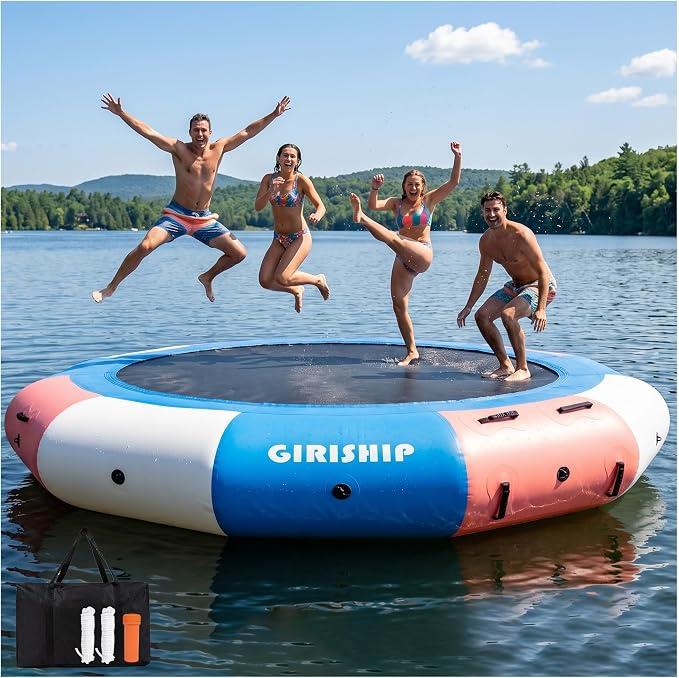 GIRISHIP Inflatable Water Trampoline for Lake, Floating Lake Trampoline for Adults, 8/ 10/ 12/ 15FT Heavy Duty Water Swim Platform for Lake Ocean with Ladder & Ropes (No Pump)