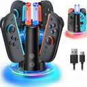 [Switch 2/1 Both] Controller Charger Dock Station, 8 in 1 Dual-Direction Magnetic Vertical Charging Stand for JoyCon 2 Witch Transparent Acrylic Display Base & LED Indicators for Nintendo Switch 2/1 (Clear Clear Stand with RGB light)