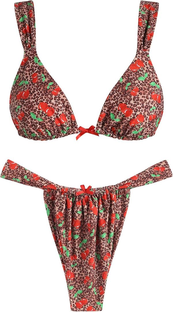 ZAFUL Bikini Sets for Women Triangle Bow Decor Ruffle Straps Lace up Swimsuit 2 Pieces High Cut Bathing Suits (Large, 2-cherry Red)