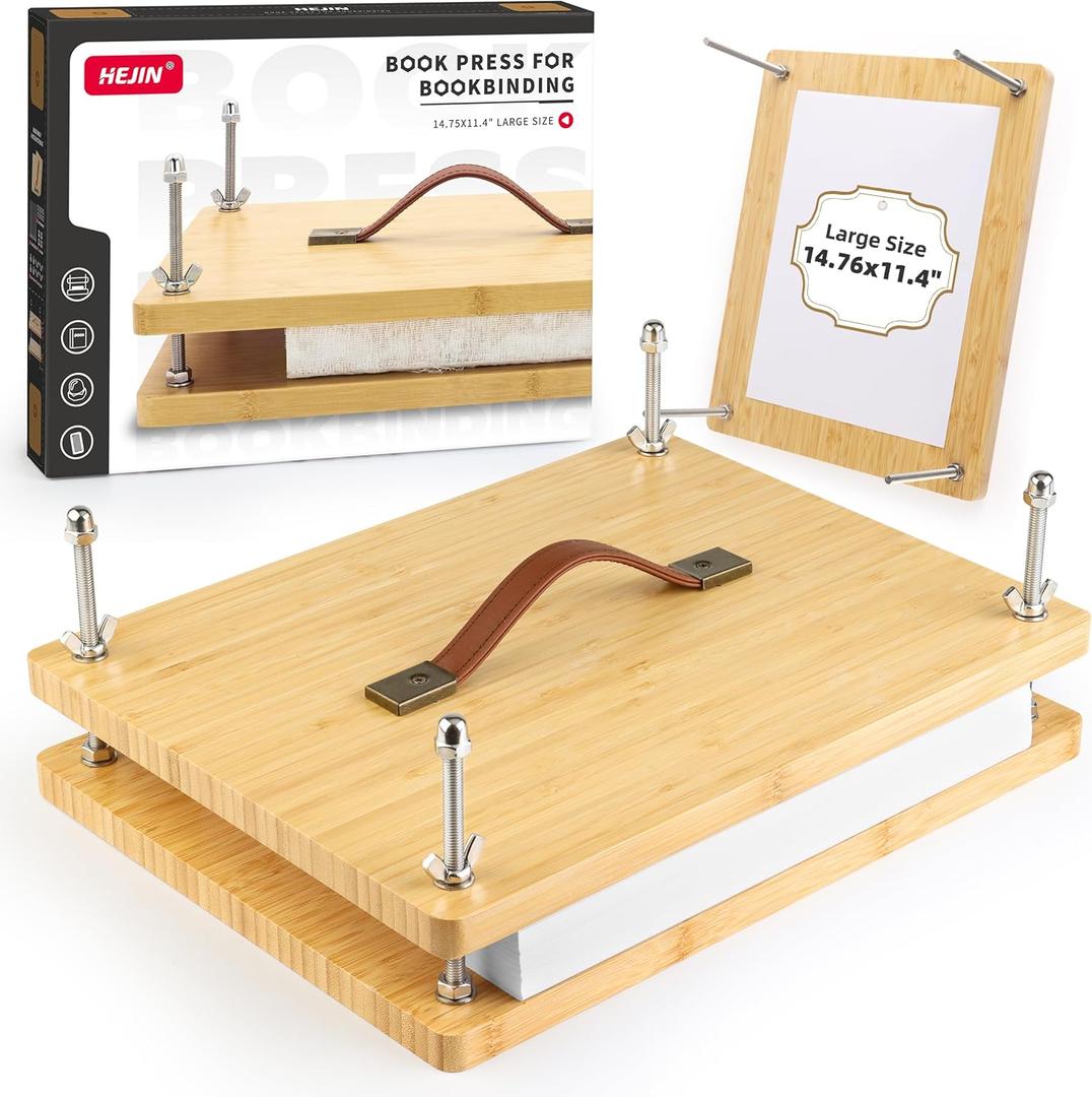 HEJIN 14.76x11.4 Large Size Book Press, Wood Bookbinding Press with Portable Handle Design, Bamboo Wooden Book Press for Bookbinding