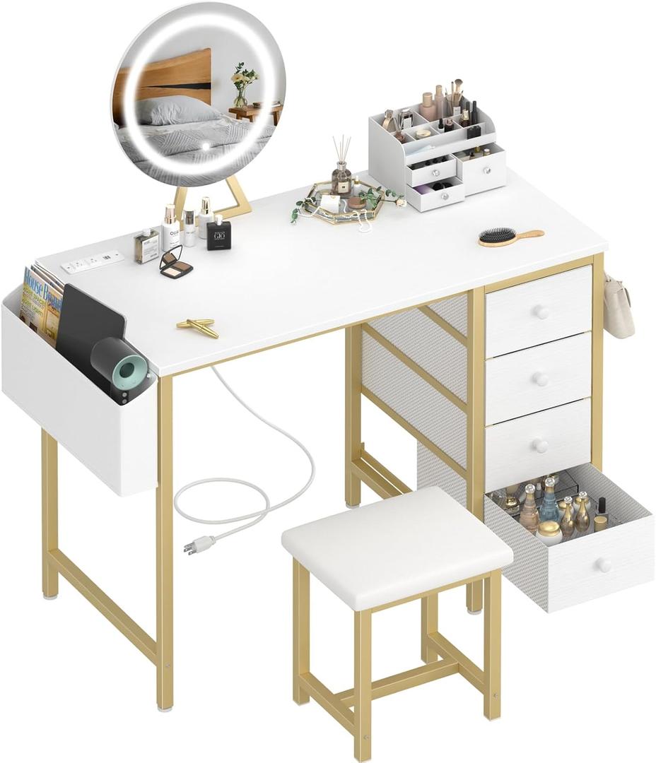 Gold Vanity Desk with Mirror and Light- Makeup Vanity Set Table with Chair, Storage, Lighted Mirror, 4 Large Fabric Drawers & Power Outlet, Dressing Table Vanities for Girls Bedroom (40" with 4 Drawers, 2. Gold)