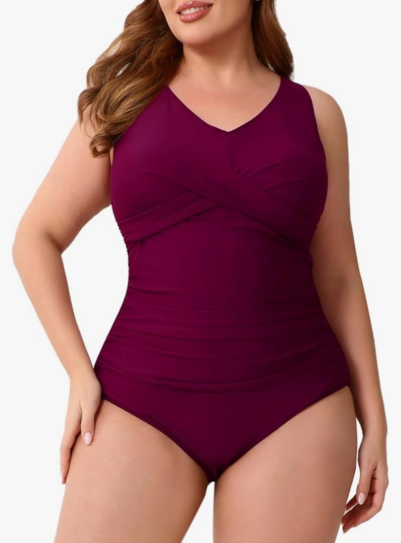 Halcurt Plus Size One Piece Swimsuit for Women Twist Front Tummy Control Full Coverage Retro Bathing Suit. L