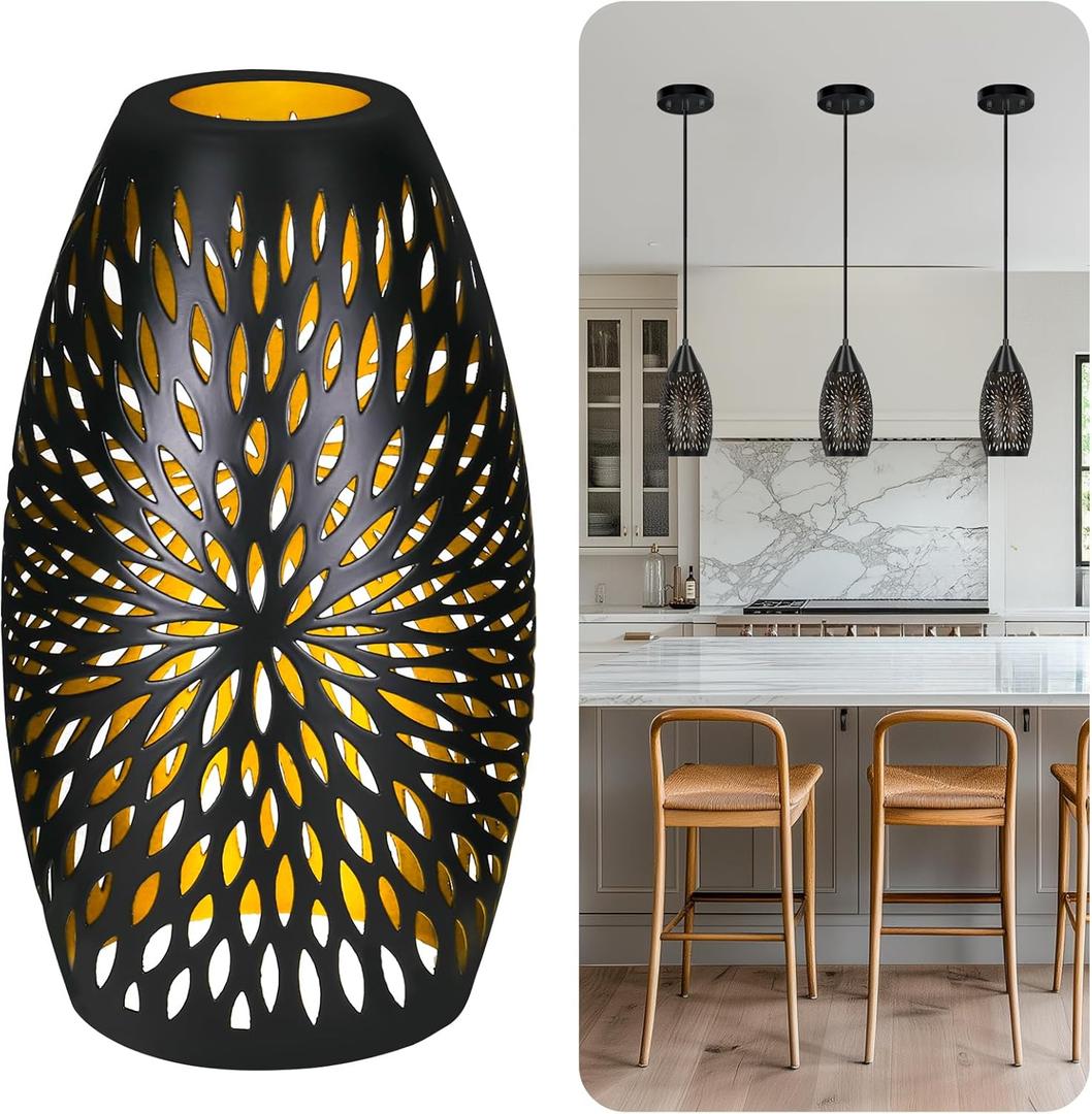 Pendant Light Shade Replacement, Metal Lampshade with 1-5/8" Fitter, ALUCSET 7.8" Height and 4.7" Diameter Etched Hollowed Lamp Shade, Metal Oval Shaped Cover for Chandelier Pendant Light Wall Lamp (Bronze Black)