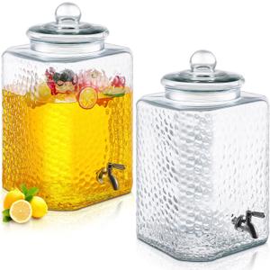 2 Pack 5 Gallon Glass Water Dispenser Hammered Glass Drink Beverage Dispenser Water Jug Container with Stainless Steel Spigot for Parties, Weddings, Lemonade, Iced Tea