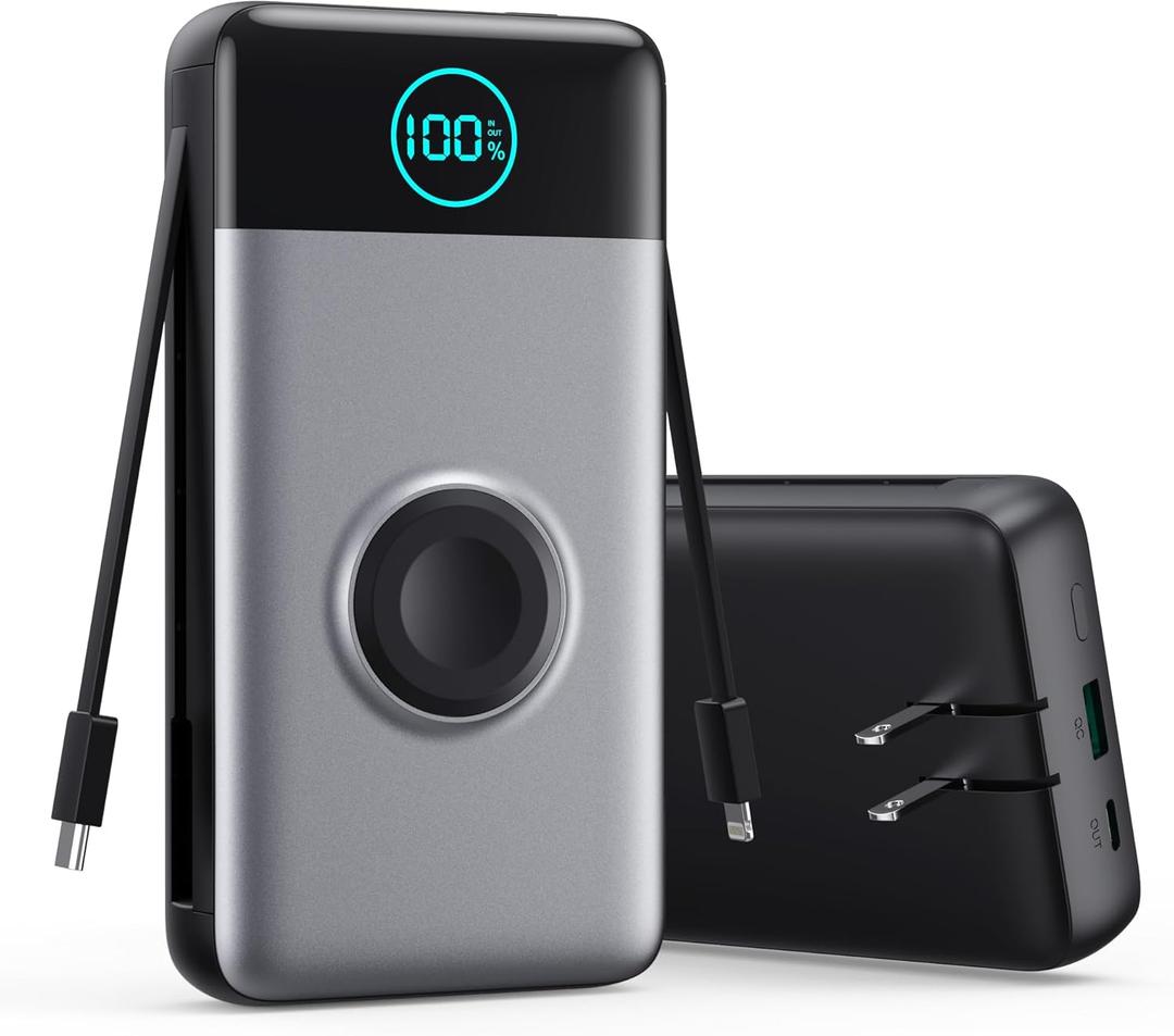 Portable Charger 40800mAh Power Bank with Built-in Cables, Wall Plug and iWatch Charger, 6-IN-1 QC4.0+25W PD USB C Fast Phone Charging, LCD Display Battery Pack for iPhone 16/ 15/ 14, Apple Watch, Galaxy etc