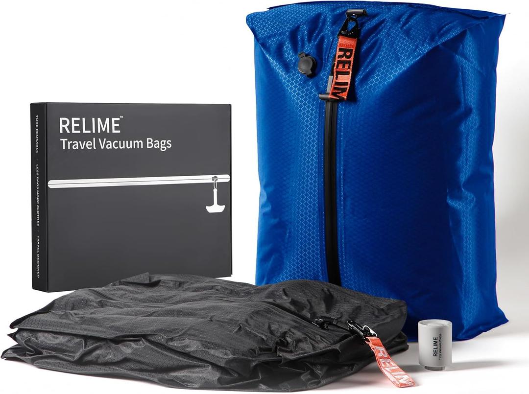 Vacuum Bags for Travel Luggage with Wireless Pump, Revolutionary Reusable Compression Bags for Carry On Suitcases and Backpack, Vacuum Seal Packing cube for Cloth (2PC + PUMP Gray & Blue)