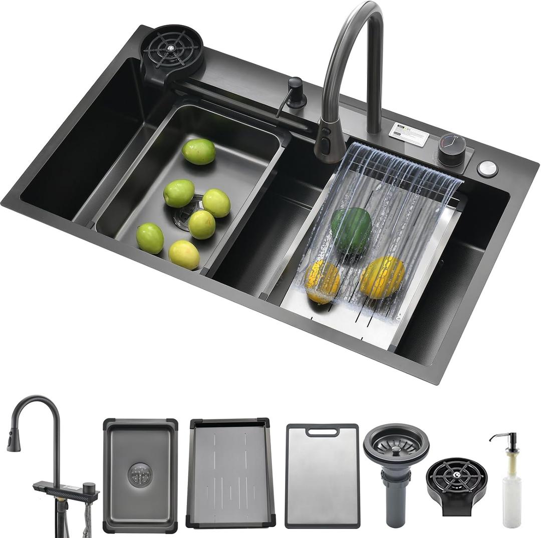 Waterfall Kitchen Sink, Top Mount/Drop-In Black Stainless Steel Single Bowl Workstation Sink, Large 3-in-1 Modern Multifunctional Kitchen Sink for Washing, Draining & Cutting (Black, 27 * 18in)