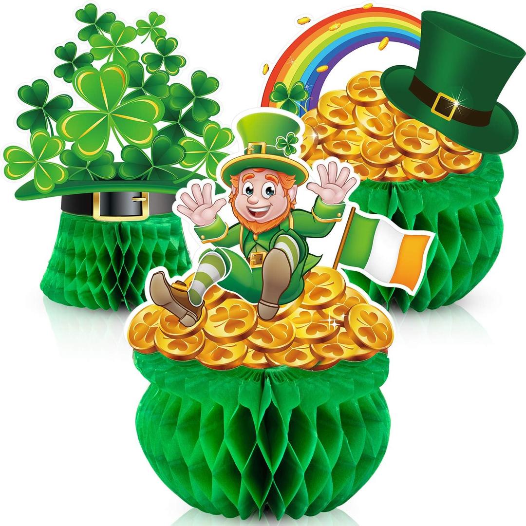 Blulu 3 Pieces St Patrick Honeycomb Decoration, Cute PotOGold Centerpiece Shamrock Leprechaun Tissue Irish Clover Paper Table Topper for Saint Patrick Party Accessory 7.878.6 inch