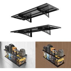 New 2 Pack Garage Wall Shelving, Heavy Duty 1.5' x 3.8' Wall Mount Storage Shelf with Hooks, Garage Storage Rack Floating Shelves, Holds 250 lbs Each