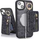 for iPhone 15 Phone case with Card Holder with Compatible magsafe Magnetic, Key Chain PU Leather Flip Kickstand Detachable 2-in-1 Wallet case for Apple15 Women Men-Black Leopard