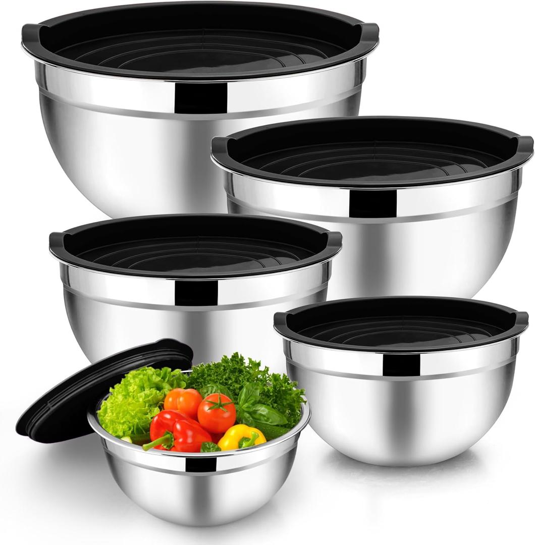TeamFar Mixing Bowl Set of 5, 4.5/3/1.5/1/0.7 QT, Stainless Steel Metal Nesting Salad Bowl with Lid Set, Ideal for Mixing Serving, Non-Toxic & Sturdy, Airtight Lid & Easy Clean, Black, 4.7'' H x 10.2 Dia