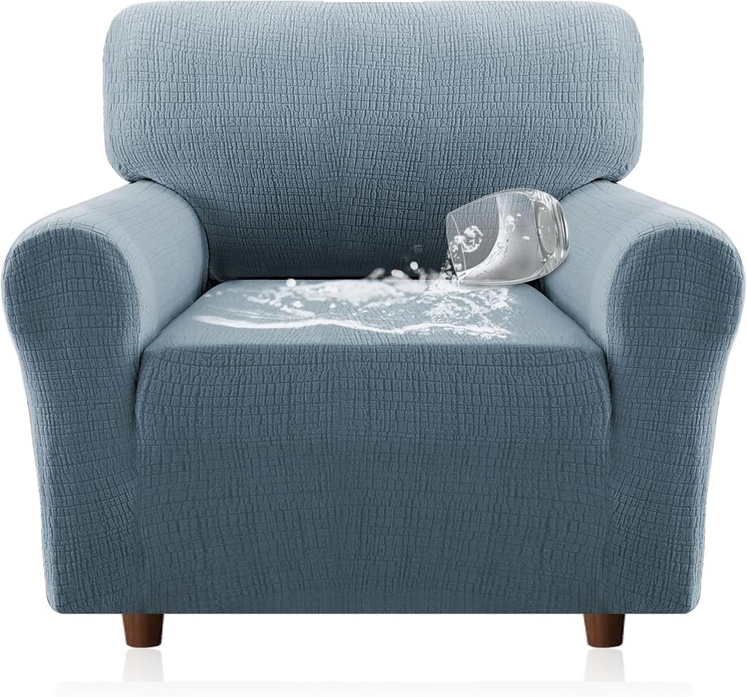 H.VERSAILTEX Jacquard Sofa Slipcover with Waterproof Seat Furniture Protector 1 Piece Stretch Sofa Covers with Elastic Bottom for Kids, Pets, Dog(Armchair, Stone Blue)